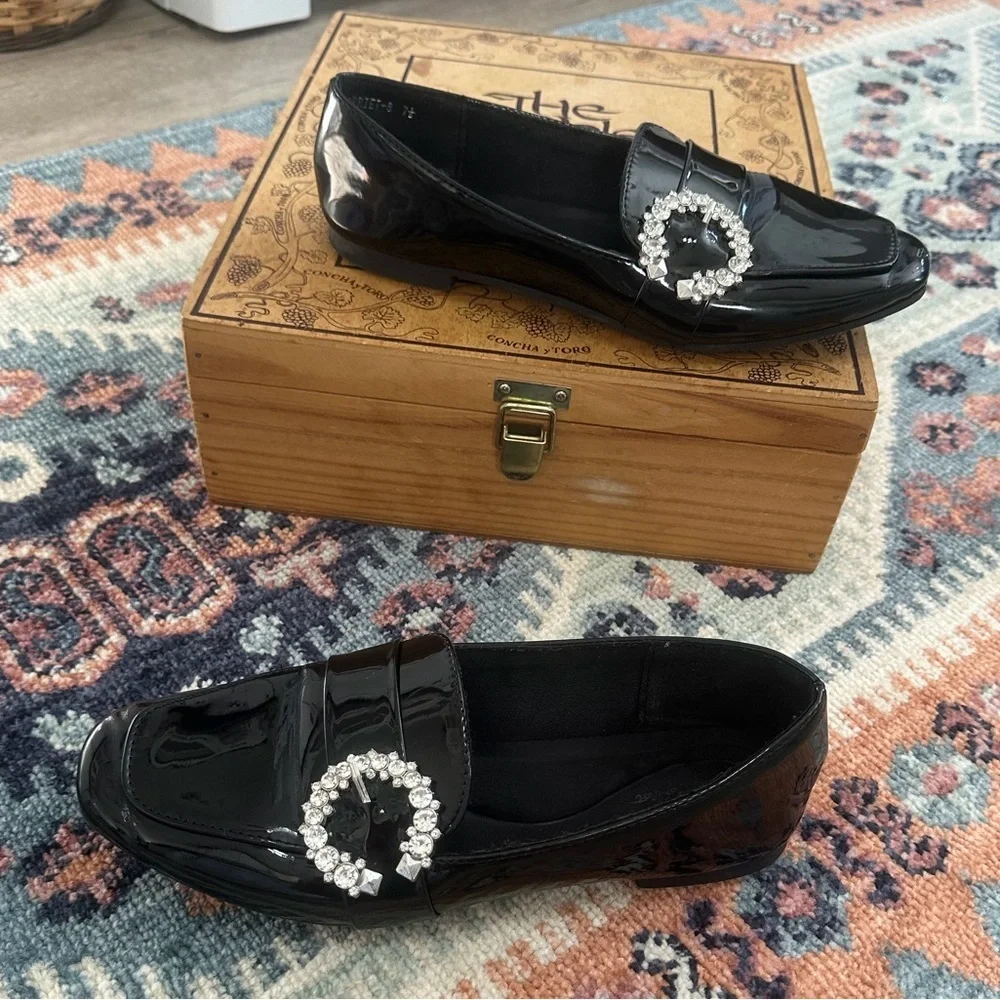 Top Moda Women’s Black Patent Crystal-Embellished Women's Loafers Size 7.5